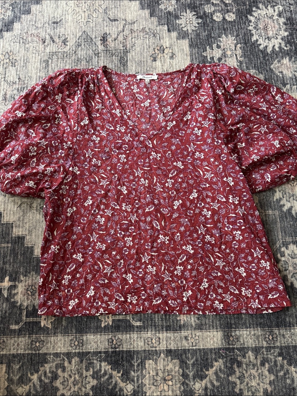 Madewell Burgundy Floral V-Neck Puff Sleeve Top